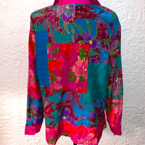🦋OOAK Rainbow Patchwork Silk Embellished Tunic Top - Picture 10 of 16
